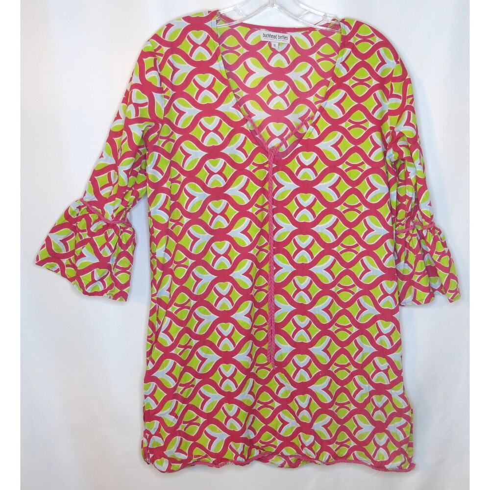 Buckhead Betties Top 3/4 Sleeve Geometric Size S Women Pink Green Boho Colorful